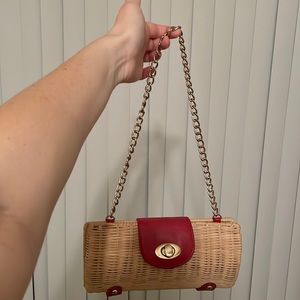 Red leather and straw purse
